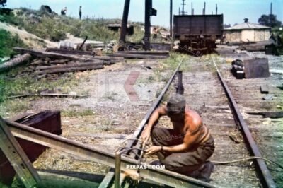 German army engineers repairing destroyed train tracks near Kharkov Ukraine 1942. 177. Division Kraftfahr Ersatz Battalion