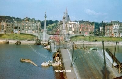 German army inspecting blown up destroyed Pont de Fragnee bridge in Belgium,Liege Province, Liege 1940