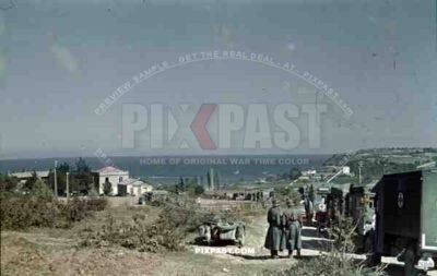 German army medical ambulance red cross captured British bedford trucks Greece coast 1942 motorbike sidecar.
