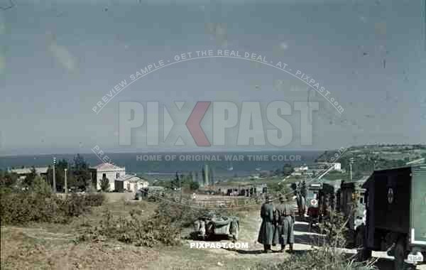 German army medical ambulance red cross captured British bedford trucks Greece coast 1942 motorbike sidecar.