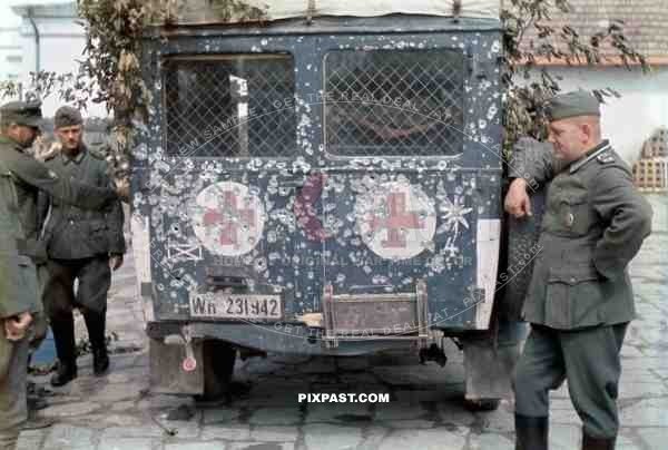 German army medical ambulance shot-up by small arms. Tarnopol Ukraine 1942