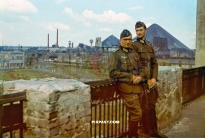 German army medical doctors Arzt in front of the Kochegarka mine in Horliwka, Ukraine 1942. 295. Infanterie Divison