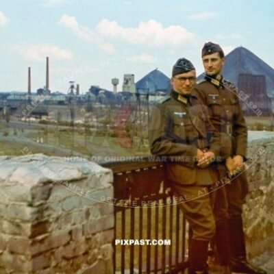 German army medical doctors Arzt in front of the Kochegarka mine in Horliwka, Ukraine 1942. 295. Infanterie Divison
