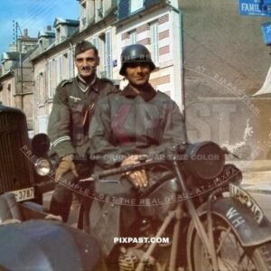 German army messenger Kradmelder on his BMW motorbike in Dunkirk France 1940 57th Infanterie Div Grenadier Regiment 199
