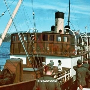 German army mountain troops Gebirgsjager boarding the Norwegian steel screw steamer BODEN. Tromso Norway 1940