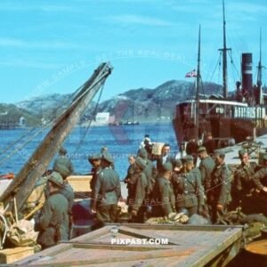 German army mountain troops Gebirgsjager boarding the Norwegian steel screw steamer BODEN. Tromso Norway 1940