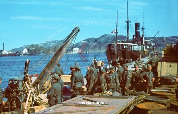 German army mountain troops Gebirgsjager boarding the Norwegian steel screw steamer BODEN. Tromso Norway 1940