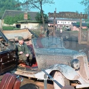 German army officers in Opel Staff car. Austellungsplatz. Camp. Russia 1942. 297 Infantry Division