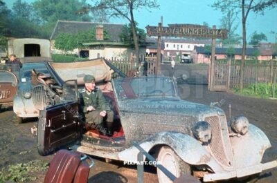 German army officers in Opel Staff car. Austellungsplatz. Camp. Russia 1942. 297 Infantry Division