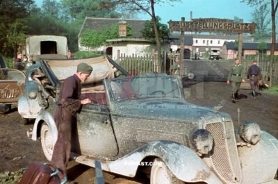 German army officers in Opel Staff car. Austellungsplatz. Camp. Russia 1942. 297 Infantry Division