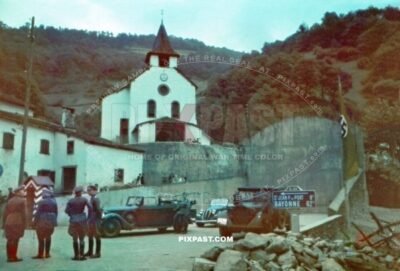 German army on the Spanish French border. Eglise de l Assomption in Arneguy spain border horch France 1940