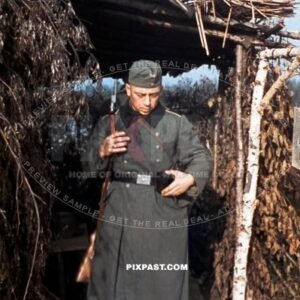 German army sentry guard with Kar98 rifle in Bunker in Westwall on french boarder 1940. 14th infantry division