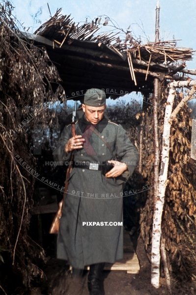 German army sentry guard with Kar98 rifle in Bunker in Westwall on french boarder 1940. 14th infantry division