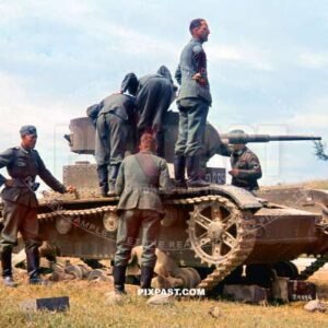 German army soldiers inspecting a captured Russian Soviet T26 light panzer tank. Russia 1941