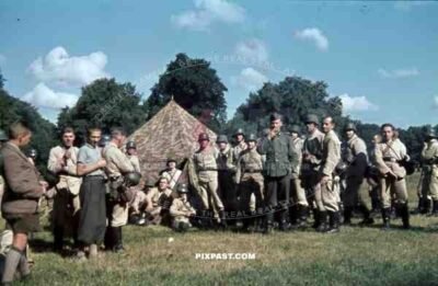 German army soldiers training with tents in field beside Munich, Germany 1939
