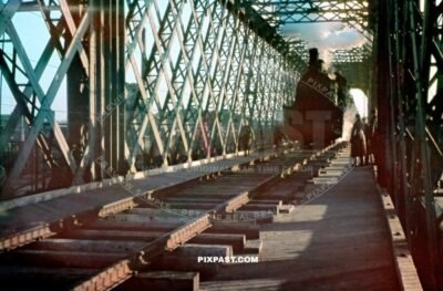 German army supply steam locomotive train crossing the Railway bridge in Kremenchuk 1942 Ukraine