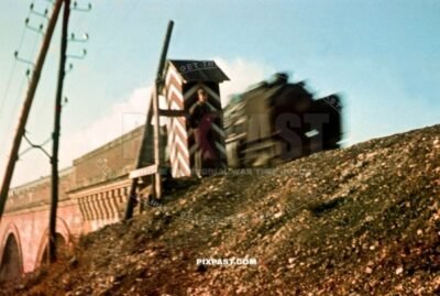 German army train passing military rail security checkpoint in France 1940. Bahnschutz