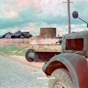 German army truck beside bombed oil storage tanks near Sea of Asov Ukraine 1942