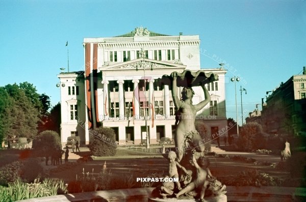 German army trucks and soldiers in front of the Latvian National Opera Riga Latvia 1943