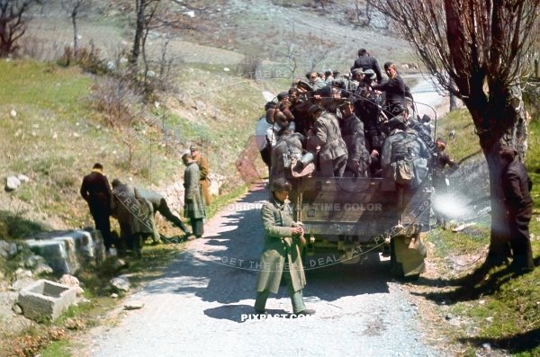 German army with Romania army transported on opel army truck. Retreat from Russian advane. April 1944. Romania.