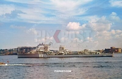 German destroyer Z12 Erich Giese, a Type 1934A class destroyer of the Kriegsmarine. Pegelturm gauge tower in Flensburg 1939