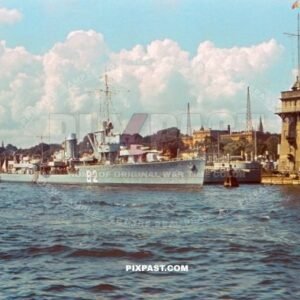 German destroyer Z12 Erich Giese, a Type 1934A class destroyer of the Kriegsmarine. Pegelturm gauge tower in Flensburg 1939