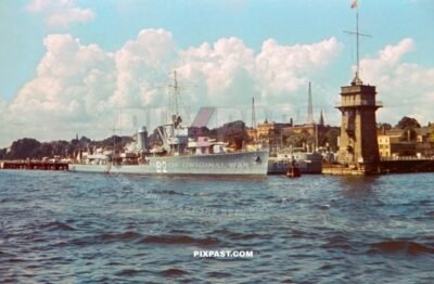 German destroyer Z12 Erich Giese, a Type 1934A class destroyer of the Kriegsmarine. Pegelturm gauge tower in Flensburg 1939