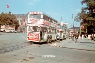 German double Decker bus in Berlin Mittel Unter den Linden June 1939. Gilka Kummel Likore