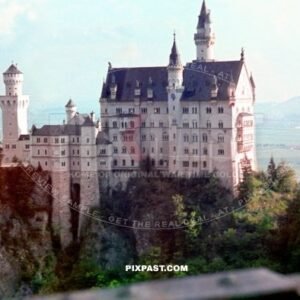 German famous Castle Neuschwanstein. Schwangau Bavaria Bayern Germany 1943. Kind Ludwig II of Bavaria