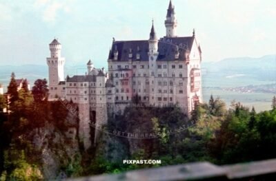 German famous Castle Neuschwanstein. Schwangau Bavaria Bayern Germany 1943. Kind Ludwig II of Bavaria