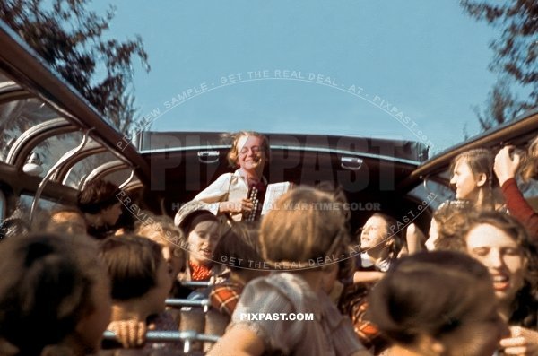 German girls school from Pforzheim playing music in an open top bus on tour to Strasbourg in Alsace France July 1941