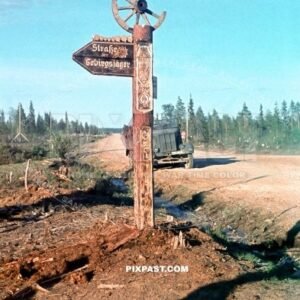 German half track passing road sign post. Strasse der Gebirgsjager North Finnland 1942. Narvik Shield