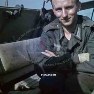 German half track radio operator with red artillery piping inside armoured car Russian front 1944. sdkfz-250