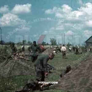 German infantry Constructing army tents in Field. Russia. 1941.  207. Infantry Division.