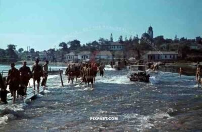 German infantry crossing River Ros, Bila Zerkwa Ukraine 1941, St. Mary Magdalene Church. 9. Infantry Division.