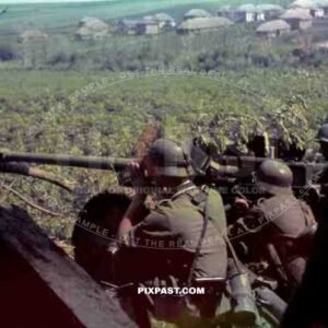 German infantry with 50mm PAK cannon targets Russian village, Southern Russia 1942 near Stalingrad area.