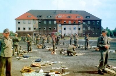 German kid Stug panzer soldiers in training camp, Germany. 1945