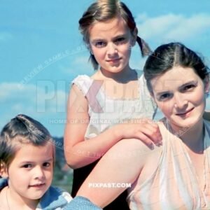 German mother with her two little daughters making a picnic. Heidelberg Germany Summer 1937