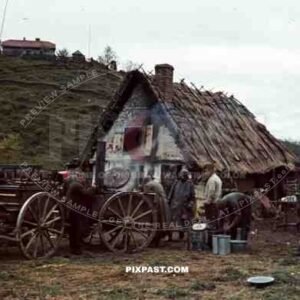 German red cross ambulance cavalry food cook supply unit mess Russian village spring 1942 canteen soup