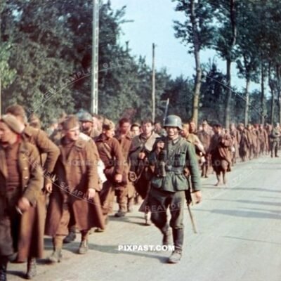 German soldier guarding French army soldiers to POW camp. France 1940. 33. Infantry Division