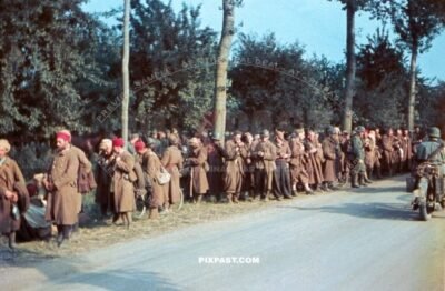 German soldier guarding French army soldiers to POW camp. France 1940. 33. Infantry Division