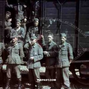 German soldiers in front of a train wagon, Sicherungsbataillon 738 in Kokorewka, Russia 1944