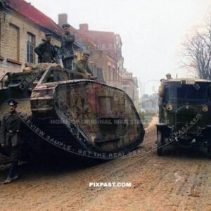 German soldiers onboard a captured British WW1 tank advance to the front. The Battle of Armentieres.France October 1914