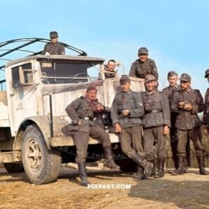 German soldiers posing in front of MAN type F 4 heavy transport truck. Crimea Krim April 1944. Sandfarbe camoflauge camo