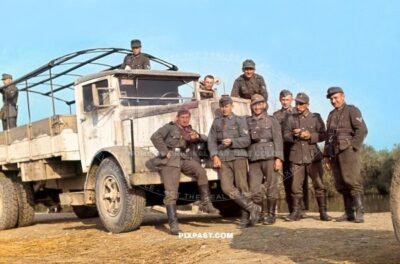 German soldiers posing in front of MAN type F 4 heavy transport truck. Crimea Krim April 1944. Sandfarbe camoflauge camo
