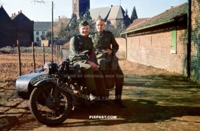 German soldiers with NSU motorbike with side car. Niederaussem Von-Galen Weg, Germany 1940