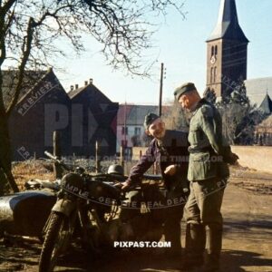 German soldiers with NSU motorbike with side car. Niederaussem Von-Galen Weg, Germany 1940