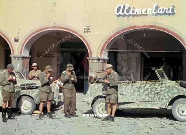German soldies eating Gelato in Rome, June, 1944, Day of Anzio Invasion, VW Kubelwagen 82. 26th Panzer Divisions
