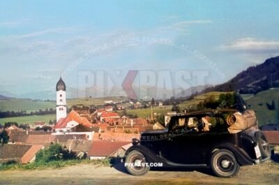 German tourists driving holiday in Nesselwang in the Ostallgau Bavaria Germany 1938.  IZ licence plate Rheinprovinz Rhine
