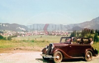 German tourists driving holiday in Nesselwang in the Ostallgau Bavaria Germany 1938.  IZ licence plate Rheinprovinz Rhine